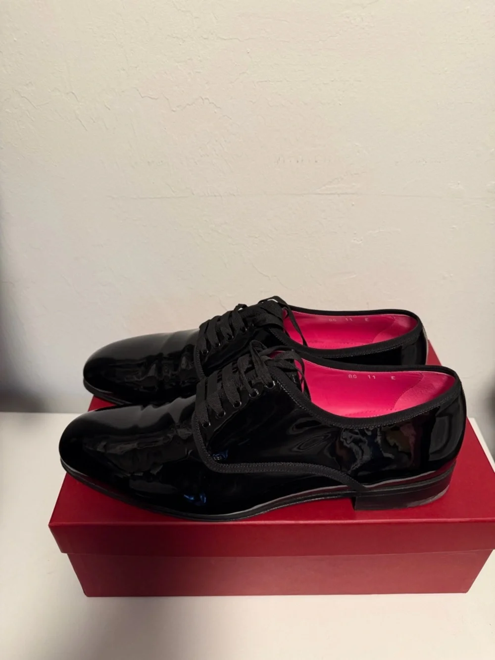 Salvatore Ferragamo Black Patent Leather Oxfords with Pink Lining - Picture 3 of 5